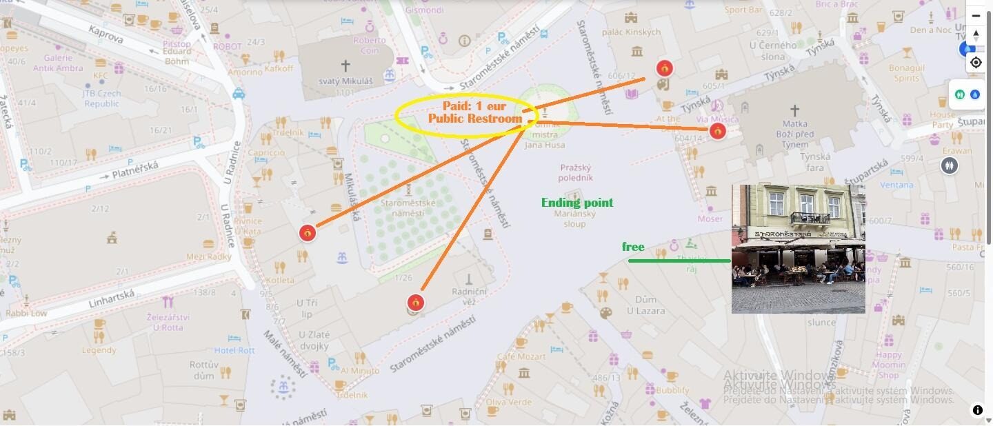 Annotated map showing public restrooms near the parade ending point at Old Town Square.